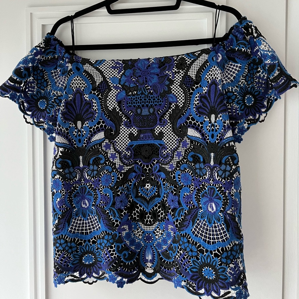 Alice + Olivia Blue and Black Floral Lace Off-Shoulder Top